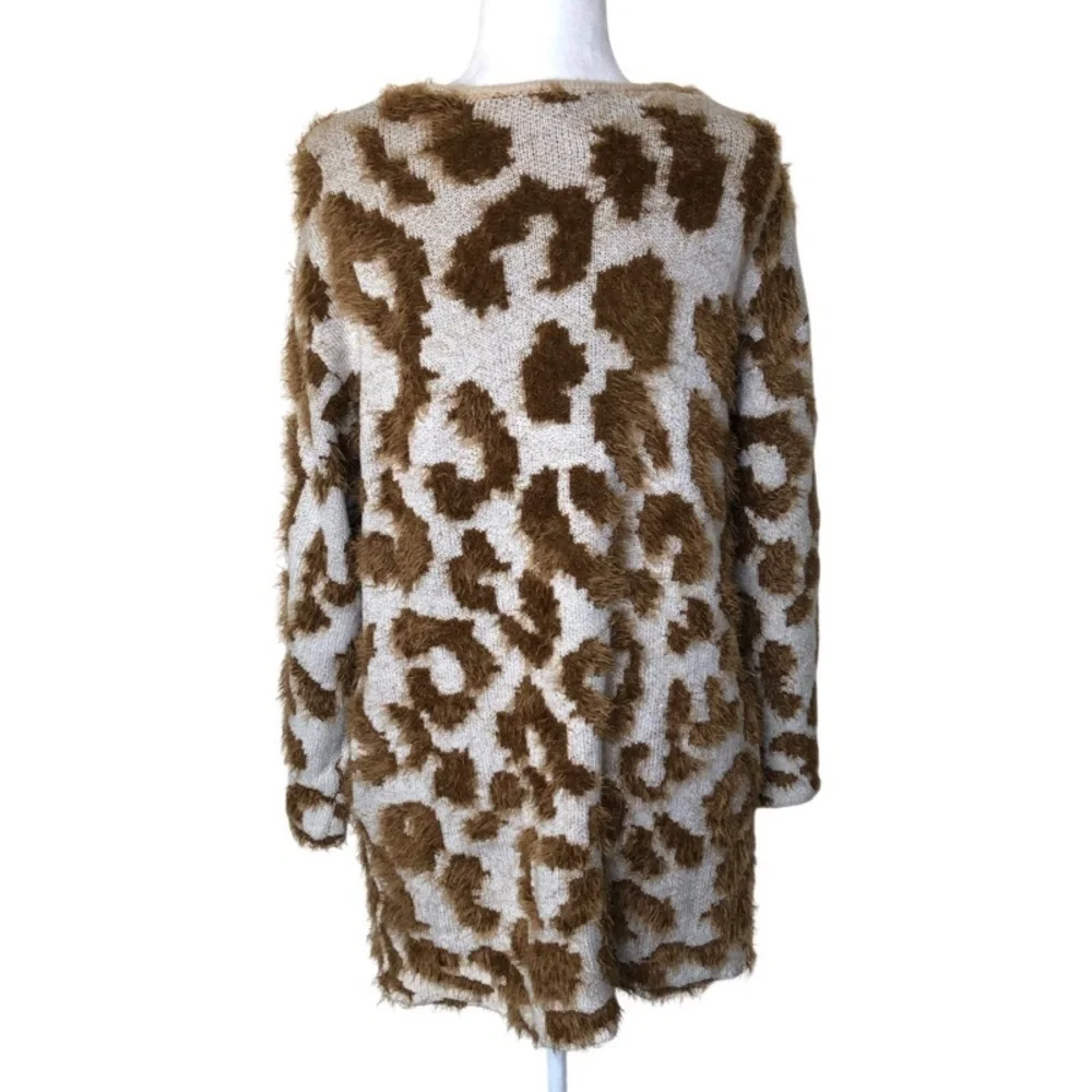 UNIQ Mocha Leopard Print Long Fluffy Textured Cardigan‎ S/M Cozy Lounge Wear